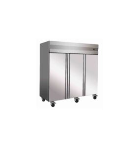 Stainless steel commercial kitchen refrigerator on wheels.