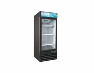 Commercial refrigerator with glass door display.