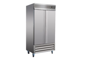 Commercial stainless steel double-door refrigerator.