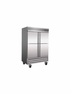 Stainless steel commercial refrigerator on wheels.