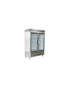 Commercial stainless steel double-door refrigerator.
