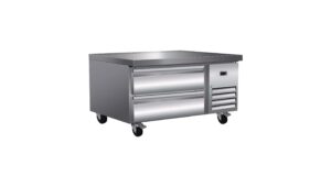 Stainless steel kitchen worktable with drawers.