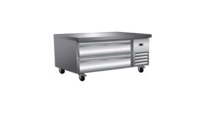 Stainless steel commercial kitchen prep table.
