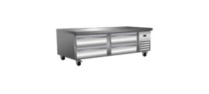 Stainless steel refrigerated workbench with drawers.