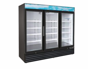 Three-door commercial display refrigerator, empty shelves.