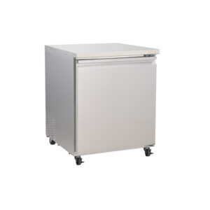 Stainless steel under-counter refrigerator on wheels.