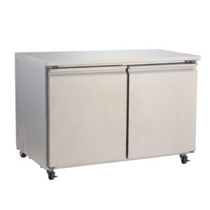 Commercial stainless steel kitchen refrigerator on wheels.