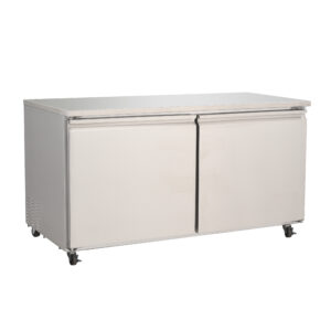 Commercial stainless steel storage freezer on wheels.