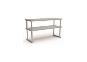 Simple two-tier wooden shelf unit.