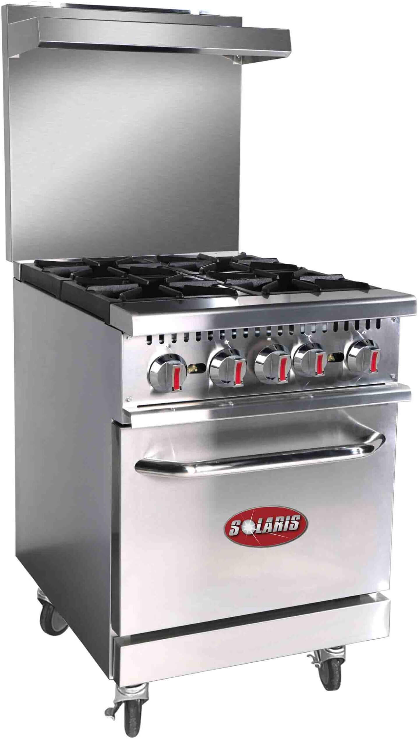 Commercial stainless steel gas stove with oven.