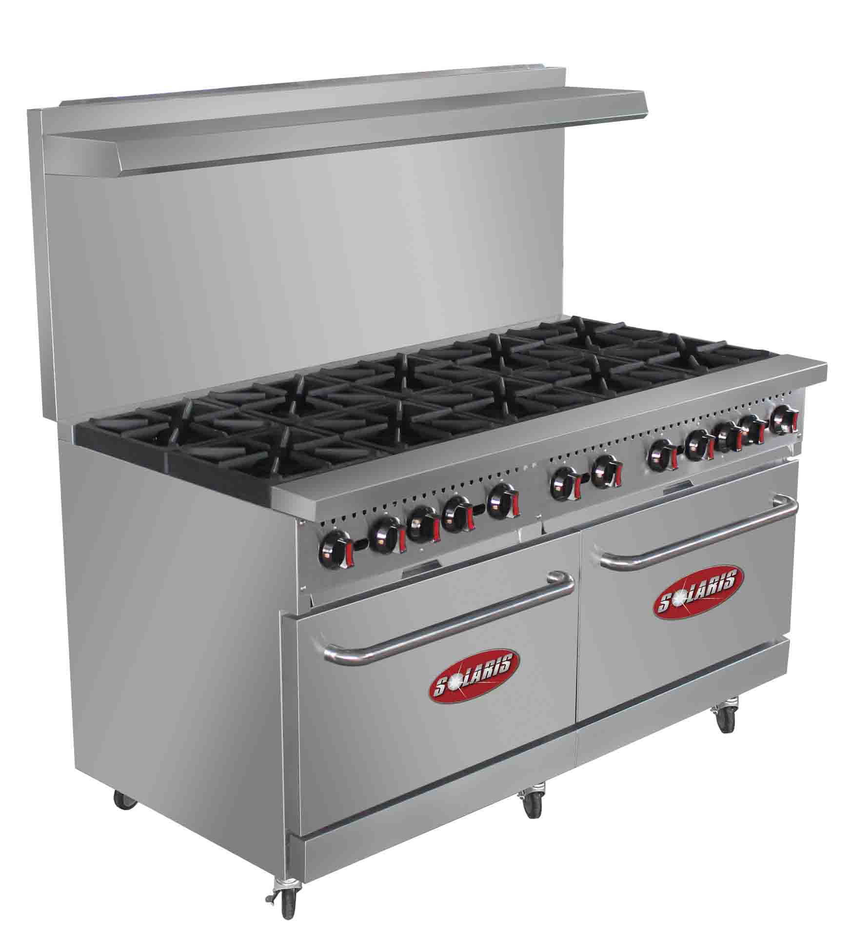 Commercial stainless steel gas range with oven.