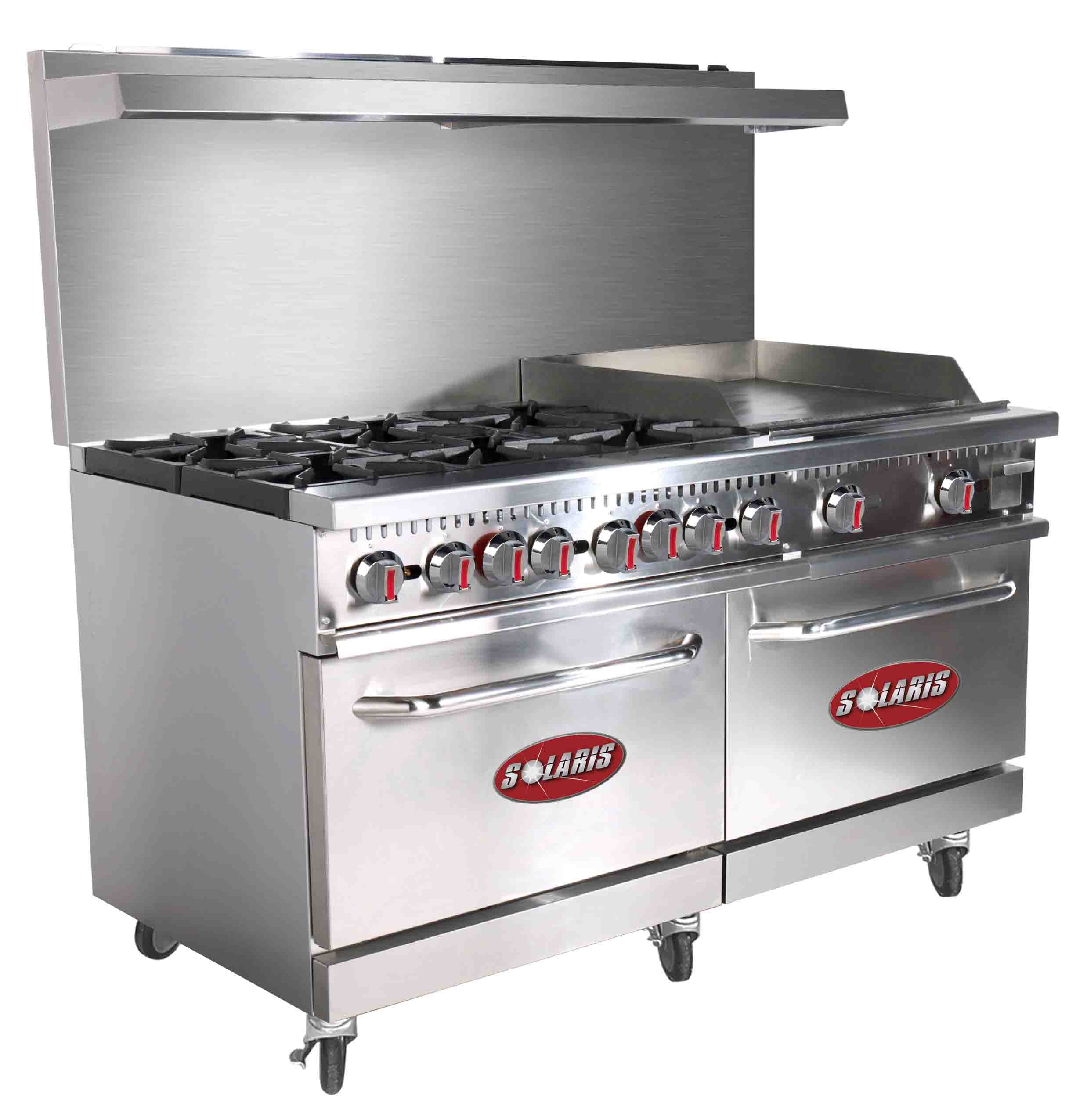 Commercial stainless steel gas range oven.