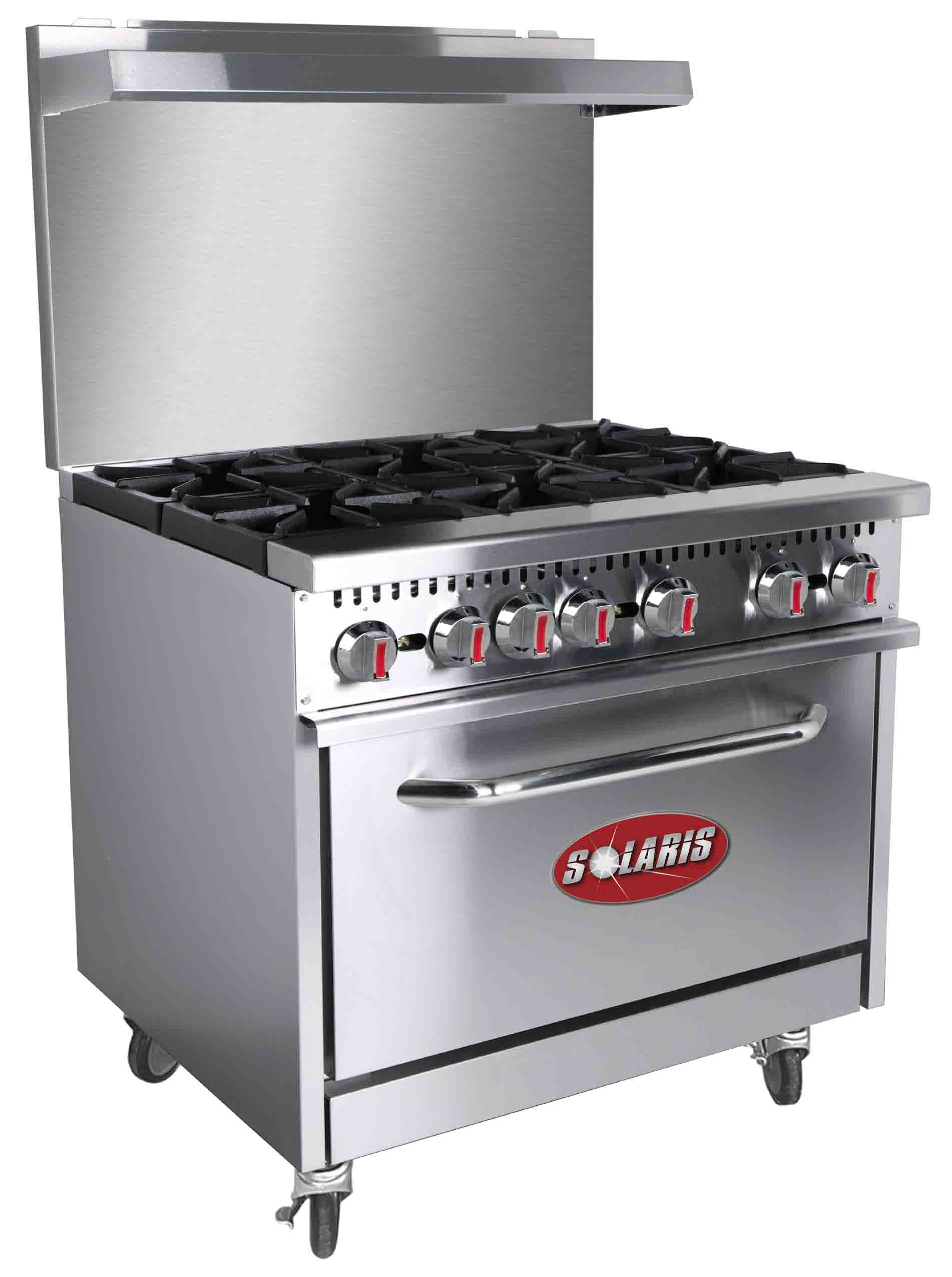 Commercial stainless steel gas range oven.