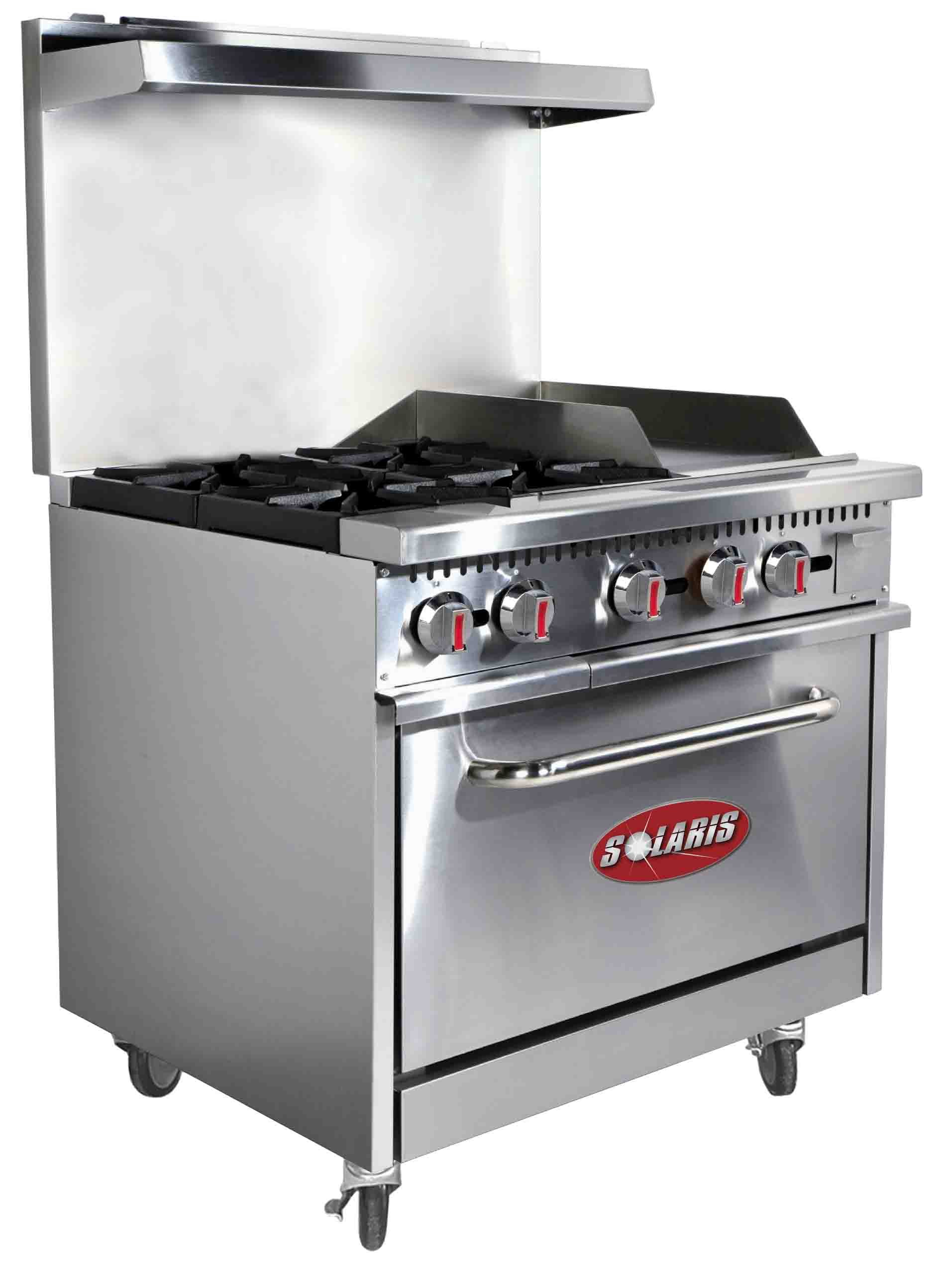 Stainless steel commercial gas stove with oven.