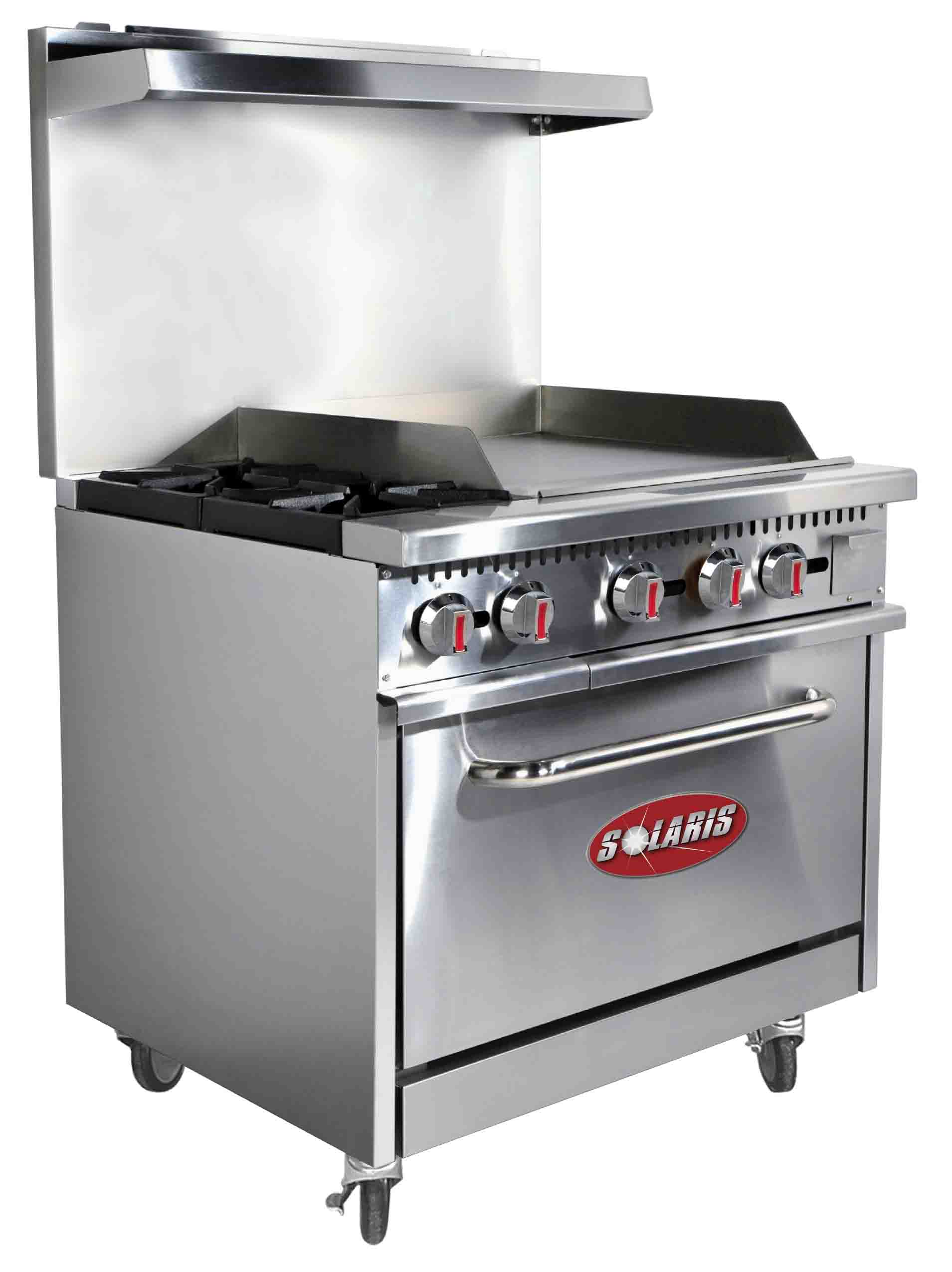 Stainless steel commercial kitchen stove with oven.