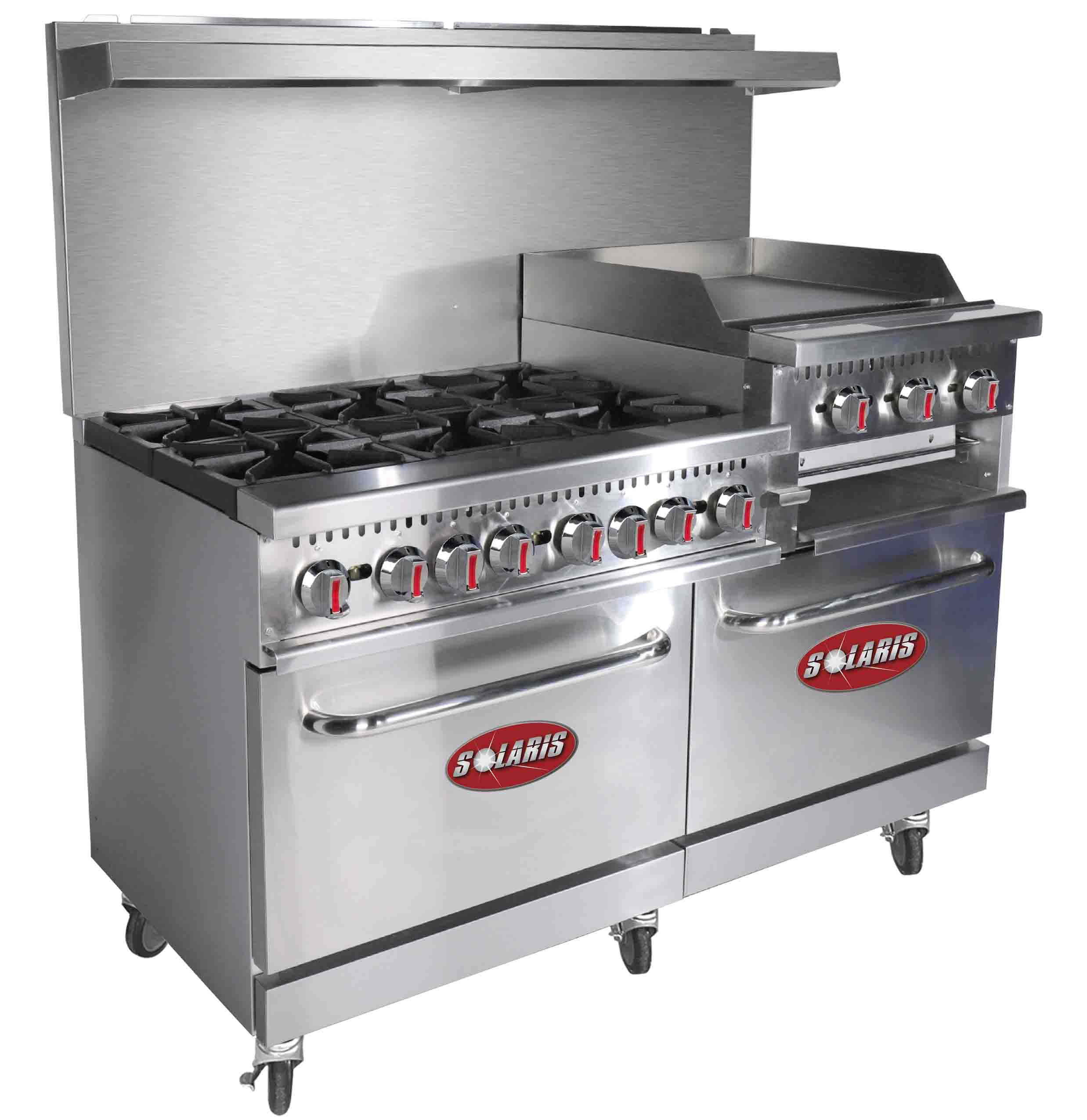 Commercial stainless steel oven with multiple burners.