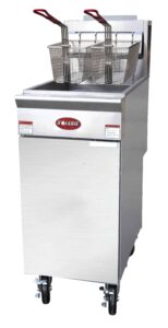 Commercial deep fryer with dual baskets.